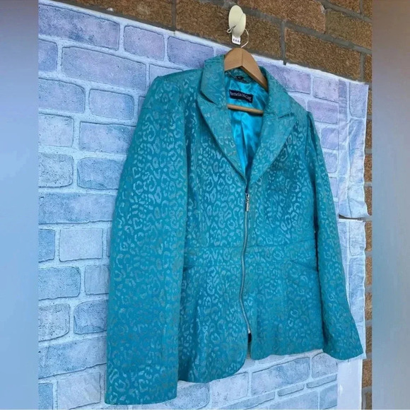 Pamela McCoy Turquoise Cheetah Leopard Print 100% Leather Full Zip Jacket medium - Picture 2 of 12